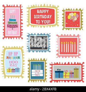 Happy Birthday Mark Set, handgezeichnete Karten isoliert auf weißem Hintergrund, Vektor-Illustration Stock Vektor