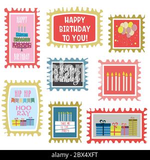 Happy Birthday Mark Set, handgezeichnete Karten isoliert auf weißem Hintergrund, Vektor-Illustration Stock Vektor