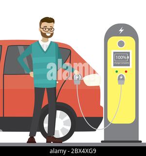 Kaukasischen männlichen Laden ein Elektrofahrzeug von einer Ladestation.isoliert auf weißem Hintergrund, flache Vektor-Illustration Stock Vektor