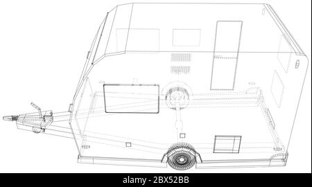 Wohnmobil-Anhänger Isoliert. 3D-Rendering. Drahtrahmen. Die Schichten von sichtbaren und unsichtbaren Linien werden getrennt. EPS10-Format. Stock Vektor