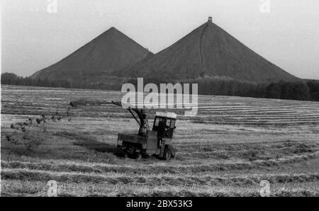 DDR / Wirtschaft / Thüringen / 1990 Uran-Überladestumps bei Ronneburg. Das Foto wurde Anfang 1990 aufgenommen, während noch Uran abgebaut wurde. // Umwelt / Boden / Uranhalden / Bergbau / Strahlung / Vertrauen die deutsch-sowjetische Aktiengesellschaft wurde nach der Gründung der DDR gegründet, um der Sowjetunion den Zugang zu Uran im Erzgebirge zu ermöglichen. Von 1946 bis 1990 wurden mehr als 200,000 Tonnen Uranerz abgebaut. Als 1990 der Uranabbau eingestellt wurde, mussten riesige Flächen von Überlastschutt und Schlamm gereinigt werden, die rund 8 Milliarden Euro kosten werden. Alt Stockfoto