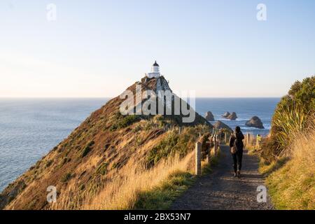 Ein Teil von Nugget Point ist eine der schönsten Landformen entlang der Küste von Otago in Neuseeland mit einem Leuchtturm und einer Streuung von felsigen Inseln. Stockfoto