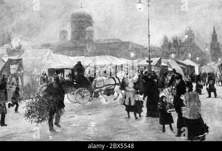 Ein Gemälde des Malers Franz Skarbina aus dem Jahr 1893, das das Treiben des Weihnachtsmarktes am Berliner Gendarmenmarkt zeigt. Stockfoto