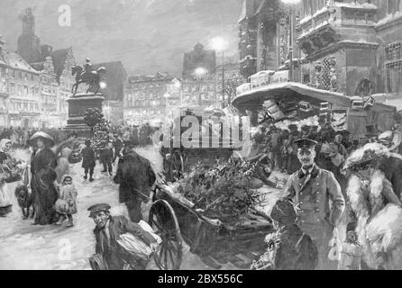 Das Bild zeigt den Weihnachtsmarkt auf dem Ring vor dem Rathaus in Breslau (heute Breslau). Rechts ist der Eingang zum Schweidnitzkeller, links das Reiterstandbild Friedrichs des Großen. Nach einem Gemälde von M. Gause von 1913. Stockfoto