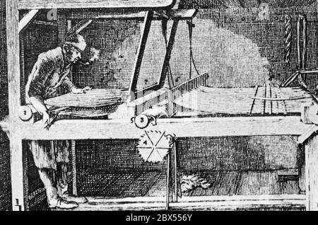 Die Abbildung von 1774 zeigt einen Weber bei der Arbeit an seinem damals modernen Webstuhl. Stockfoto
