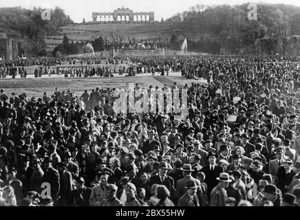Menschenmassen im Schlosspark mit Blick auf die Gloriette. Das Volksfest im Garten des Wiener Schlosses Schönbrunn wurde von der Deutschen Polizei organisiert. Österreich wurde im März 1938 dem Deutschen Reich annektiert. Stockfoto