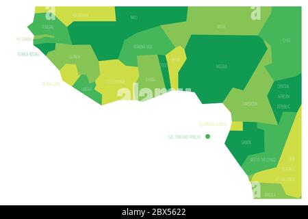 Länder des Golfes von Guinea - Westafrika. Vereinfachte und schematische politische Karte. Vektorgrafik in Grüntönen. Stock Vektor