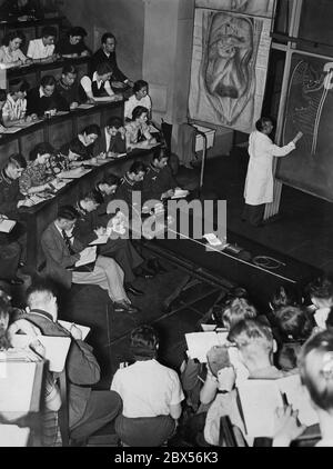 Mitglieder der Studentenkompanie und andere Studierende in Zivilkleidung auf den Bänken des Hörsaals während einer medizinischen Vorlesung im Anatomischen Institut. Stockfoto