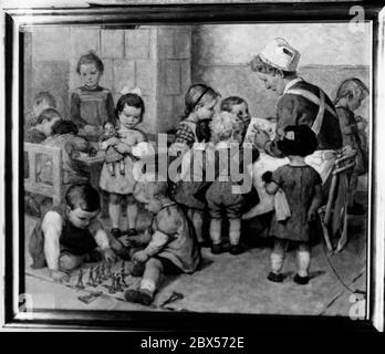 Das Gemälde "im Kinderheim" des Bozner Künstlers Albert Stolz ist im Rahmen des Kunstwettbewerbs der nationalsozialistischen Volkswohlfahrt im Ethnologischen Museum Berlin zu sehen. Stockfoto