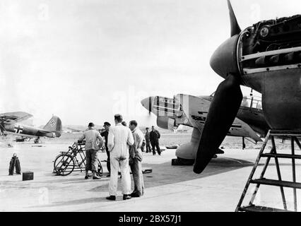 Auf dem Gelände der Junkers-Fabrik diskutiert der Pilot (in weißer Gesamtfarbe) einer Junkers Ju 87 Details eines Testfluges. Auf der linken Seite des Bildes, der linke Flügel und das Heck einer Junkers Ju 88. Stockfoto