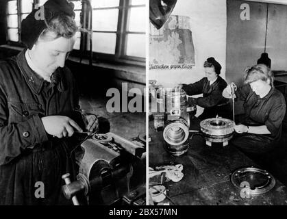 Dieses Bild kann auf das Jahr 1944 zurückgeschätzt werden, basierend auf der Vorderseite, die auf dem Poster im Hintergrund gezeigt wird. Als das Bild im Oktober aufgenommen wurde, stand der nächste große Gebietsverlust auf der Wehrmachtseite an die Rote Armee unmittelbar bevor. Im Juni war die Heeresgruppe Mitte in der teuersten Schlacht der deutschen Geschichte von der Sowjetunion zerstört worden. Der propagandistische Ton auf der Rückseite des Bildes ist daher noch schärfer, mit Parolen der Beharrlichkeit und Lobpreisung deutscher Stärke. Die Arbeiter im Bild sind mittlerweile Spleißkabel für Flugsteuerungen. Stockfoto