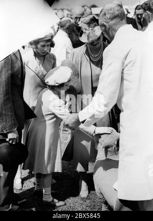 Elizabeth II. Mit ihrer Schwester Margaret Rose, Queen Elizabeth (rechts) und King George VI (links, Kopf bedeckt) bei der Centenary Show der Royal Agriculture Society im Windsor Great Park, Berkshire. Margaret streichelt ein Southdown Schaf. Stockfoto