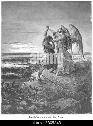 Jacob Wrestling mit dem Engel Genesis 32:24 aus dem Buch 'Bible Gallery' illustriert von Gustave Dore mit Erinnerungen von Doré und beschreibende Buchpresse von Talbot W. Chambers D.D. Herausgegeben von Cassell & Company Limited in London und gleichzeitig von Mame in Tours, Frankreich im Jahr 1866 Stockfoto