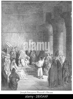 Joseph Interpreting the Pharaoh's Dream Genesis 41:25-26 aus dem Buch 'Bible Gallery' illustriert von Gustave Dore mit Erinnerungen von Doré und beschreibende Buchpresse von Talbot W. Chambers D.D. Herausgegeben von Cassell & Company Limited in London und gleichzeitig von Mame in Tours, Frankreich im Jahr 1866 Stockfoto