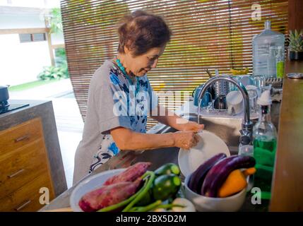 Lifestyle-Porträt von Senior glücklich und süß asiatischen japanischen Ruhestand, Frau Kochen zu Hause Küche allein ordentlich und ordentlich Waschen der Gerichte lächelnd chee Stockfoto