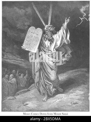 Moses Kommt Von Mt. Sinai Exodus 32:15 aus dem Buch 'Bible Gallery' illustriert von Gustave Dore mit Erinnerungen an Dore und beschreibende Brief-Presse von Talbot W. Chambers D.D. Herausgegeben von Cassell & Company Limited in London und gleichzeitig von Mame in Tours, Frankreich im Jahr 1866 Stockfoto