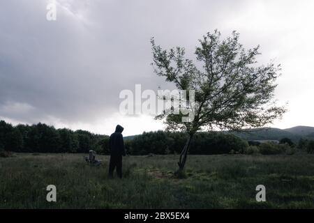 Eine unheimliche Kapuzenfigur. Neben einem Baum stehend. Auf dem Land an einem stürmischen Abend. Stockfoto