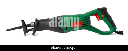 Elektrische Stichsägemaschine isoliert auf weiß Stockfoto