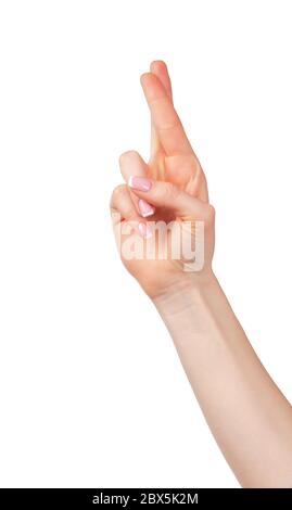 Weibliche Hand mit gekreuzten Fingern für Glück Stockfoto