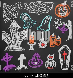 Halloween. Eine Reihe von lustigen Objekten. Farbkreide auf einer Tafel. Kollektion festlicher Elemente. Herbstferien. Kürbis, Spinnennetz, Geister, finster Stock Vektor