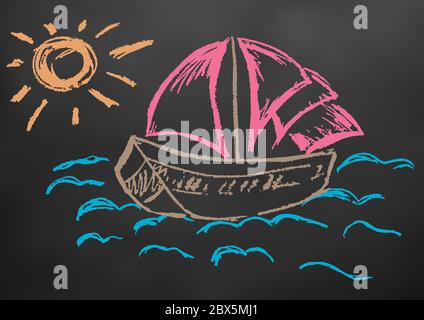 Niedliche Kinderzeichnung. Farbige Wachsmalstifte auf schwarzem Hintergrund. Seascape. Schiff auf dem Wasser. Sonne Stock Vektor