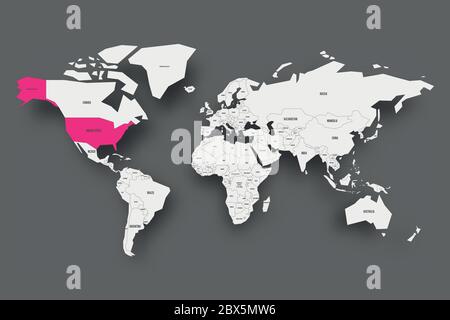 Vereinigte Staaten von Amerika, USA oder USA, rosa hervorgehoben in der Weltkarte. Hellgraue vereinfachte Karte mit Schlagschatten auf dunkelgrauem Hintergrund. Vektorgrafik. Stock Vektor