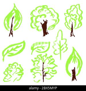 Niedliche Kinderzeichnung. Farbige Wachsmalstifte. Symbole, Zeichen, Symbole, Stifte. Elemente für Design. Grüne Bäume Blätter Stock Vektor