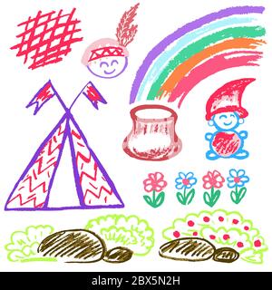 Niedliche Kinderzeichnung. Farbige Wachsmalstifte. Symbole, Zeichen, Symbole, Stifte. Wigwam indischer Leprikon Regenbogen Stock Vektor