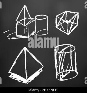 Niedliche Kinderzeichnung. Weiße Kreide auf einem schwarzen Brett. Symbole, Zeichen, Symbole. Kritzelskizze. Geometrische Zeichnungen Stock Vektor