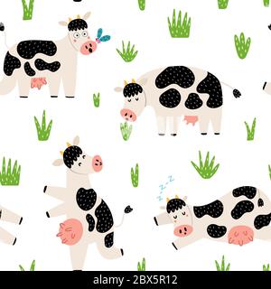 Lustige Landschaft nahtlose Muster mit niedlichen Kühen Stock Vektor