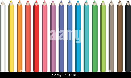 Buntes Spektrum an Bleistiften. Set mit geschärften Buntstiften. Vektorgrafik. Stock Vektor