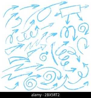 Niedliche Kinderzeichnung. Farbige Wachsmalstifte. Symbole, Zeichen, Symbole. Elemente für Design. Arrows Doodle Curls Stock Vektor