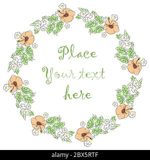 Runder Rahmen aus Blumen und Blättern mit einem Platz in der Mitte für Ihren Text auf einem weißen Hintergrund Stock Vektor