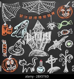 Halloween. Eine Reihe von lustigen Objekten. Farbkreide auf einer Tafel. Kollektion festlicher Elemente. Herbstferien. Kürbis, Spinnennetz, Fahnen, Kerze, Geist Stock Vektor