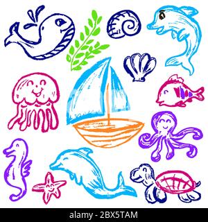 Niedliche Kinderzeichnung. Farbige Wachsmalstifte. Symbole, Zeichen, Symbole, Stifte. Marine Elemente. Schiff Quallen Tintenfisch Wal Delfin Stock Vektor