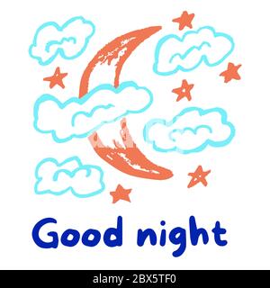 Niedliche Kinderzeichnung. Farbige Wachsmalstifte. Symbole, Zeichen, Symbole, Stifte. Mond Wolken Sterne gute Nacht Stock Vektor