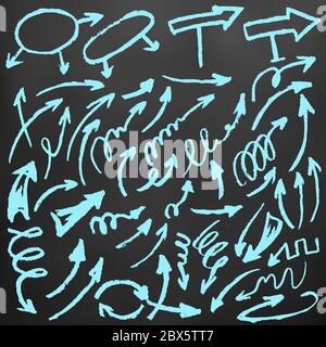 Niedliche Kinderzeichnung. Farbige Wachsmalstifte auf schwarzem Hintergrund. Elemente für Design. Pfeile, Kritzeln, Locken Stock Vektor