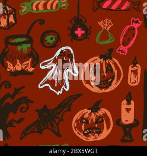 Halloween. Nahtloses Muster. Vektorgrafik. Kollektion festlicher Elemente. Herbstferien. Kürbis, Geist, Spinne, Bonbon Auge Kessel Holz Fledermaus Stock Vektor