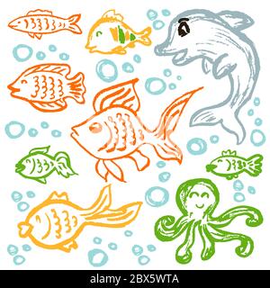 Niedliche Kinderzeichnung. Farbige Wachsmalstifte. Symbole, Zeichen, Symbole, Stifte. Marine Elements Fisch Delfin Oktopus Stock Vektor