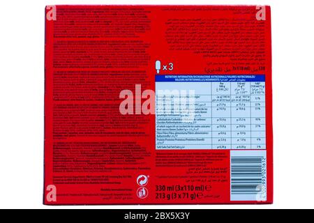 Inhaltsstofflisten, Nährwertangaben und Allergieberatung Informationen auf Box von Daim Eis in vielen verschiedenen Sprachen mehrsprachig - UK Stockfoto