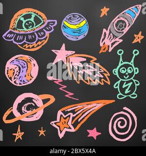 Niedliche Kinderzeichnung. Farbige Wachsmalstifte auf schwarzem Hintergrund. Symbole, Zeichen, Symbole, Stifte. Raumelemente. Planet, Sternkomet Stock Vektor