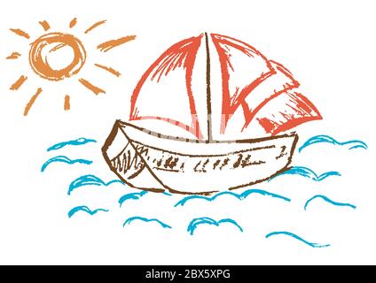 Niedliche Kinderzeichnung. Farbige Wachsmalstifte. Seascape. Schiff auf dem Wasser. Sonne Stock Vektor