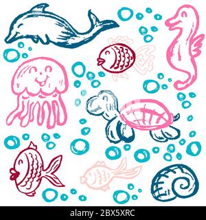 Niedliche Kinderzeichnung. Farbige Wachsmalstifte. Symbole, Zeichen, Symbole, Stifte. Marine-Elemente. Fisch Quallen Schildkröte Seepferdchen Stock Vektor