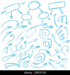 Niedliche Kinderzeichnung. Farbige Wachsmalstifte. Symbole, Schilder. Elemente für Design. Pfeile, Doodle Curls Stock Vektor