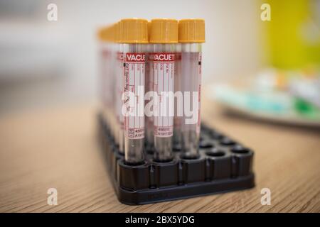 Die für Blutproben zu verwendenden Reagenzgläser sitzen auf einem Tisch bei einem Coronavirus-Antikörpertestprogramm im Hollymore Ambulance Hub des West Midlands Ambulance Service in Birmingham. Stockfoto