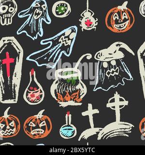 Halloween. Nahtloses Muster. Farbkreide auf einer Tafel. Kollektion festlicher Elemente. Herbstferien. Geister, Kürbisse, Augen, Sarg, Trank, sku Stock Vektor