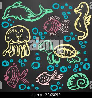 Niedliche Kinderzeichnung. Farbige Wachsmalstifte auf schwarzem Hintergrund. Symbole, Zeichen, Symbole, Stifte. Marine-Elemente. Quallen angeln Stock Vektor