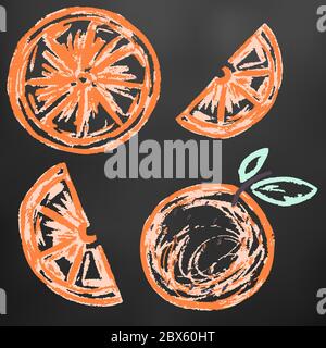 Niedliche Kinderzeichnung. Farbige Wachsmalstifte auf schwarzem Hintergrund. Symbole, Zeichen, Symbole, Stifte. Orangefarbene Scheiben Stock Vektor