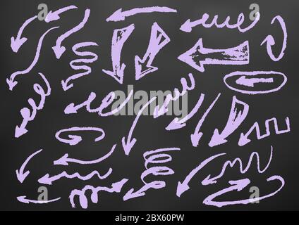 Niedliche Kinderzeichnung. Farbige Wachsmalstifte auf schwarzem Hintergrund. Symbole, Zeichen, Symbole, Stifte. Pfeile Stock Vektor