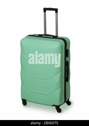 Mint Green Koffer für Reisen und zuverlässige Gepäckaufbewahrung. Plastikkoffer mit Rädern und einziehbarem Griff. Urlaubskonzept. Gepäckschutz Stockfoto